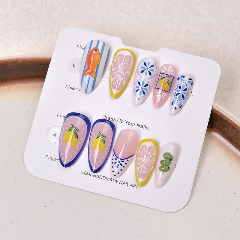 Bohemian Nail Art Stickers 5D Embossed Lemon Fruit Small Fish DIY Nail Design Stickers 2Pcs Self Adhesive Boho Style Blue Floral Nail Decals for Women Summer Vacation Manicure Decoration