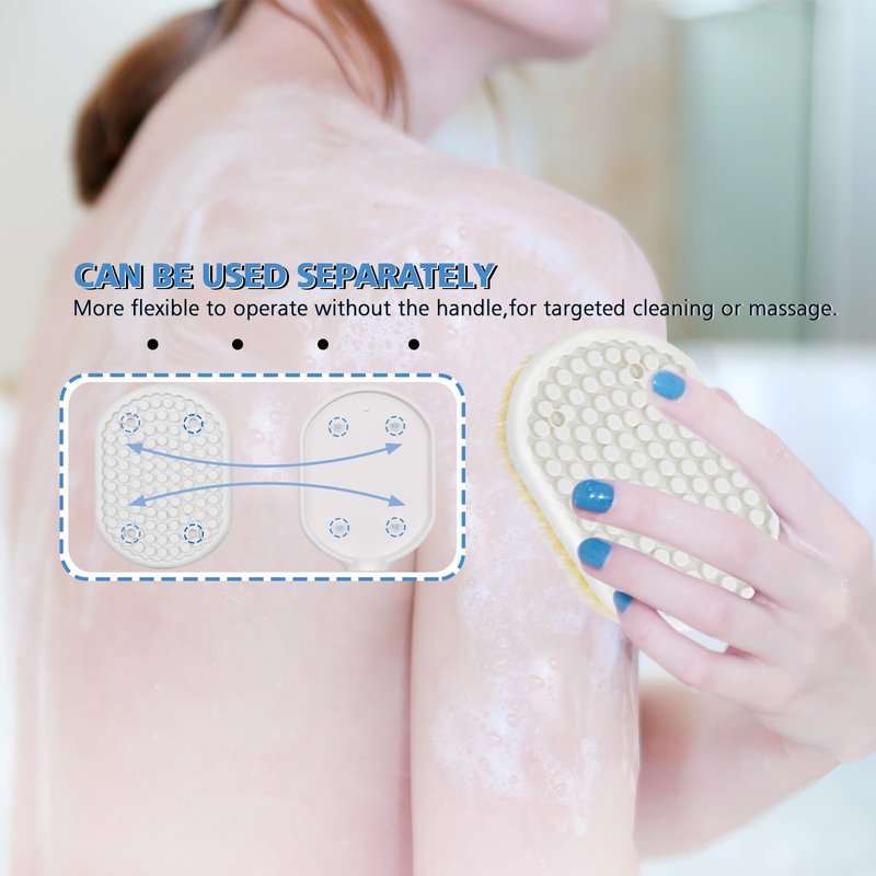 Portable Shower Brush,Long Curved Foldable Handle with Soft and Stiff Bristles,Back Scrubber Bath Brush Removable Body Exfoliator for Wet or Dry Brushing