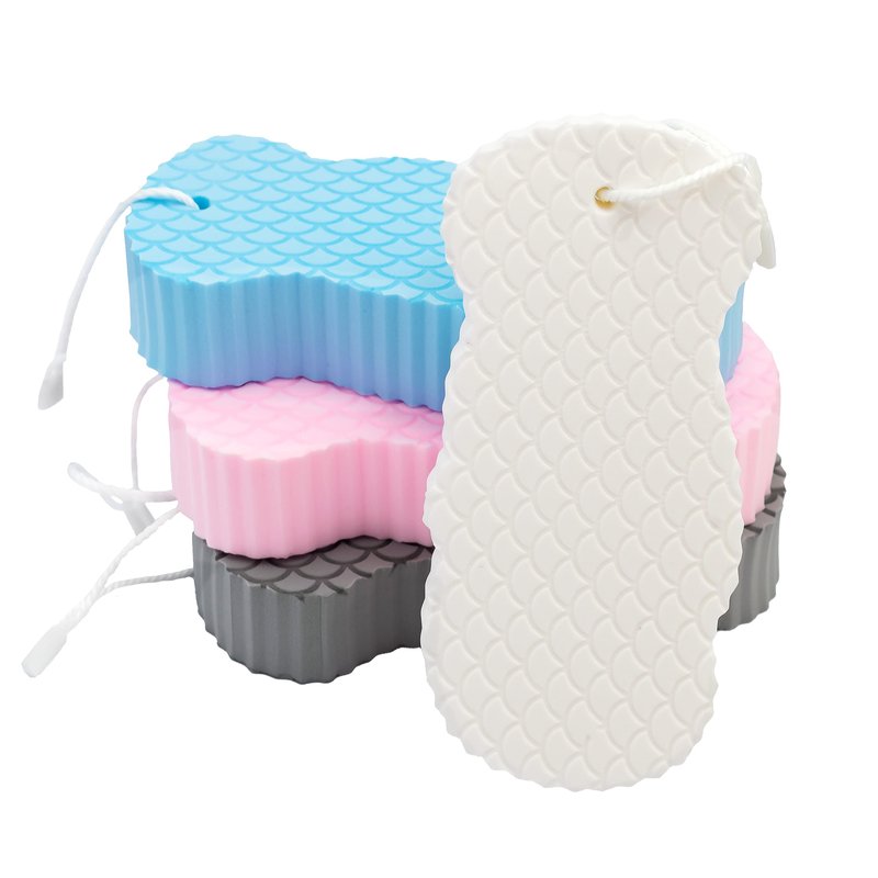BESOBELLA Exfoliating Sponges (4 pcs) - Super Soft Exfoliating Bath Shower Sponge - Removes Dead Skin and Impurities from Body - Great for Adults and Children - Pink & Blue & White & Gray