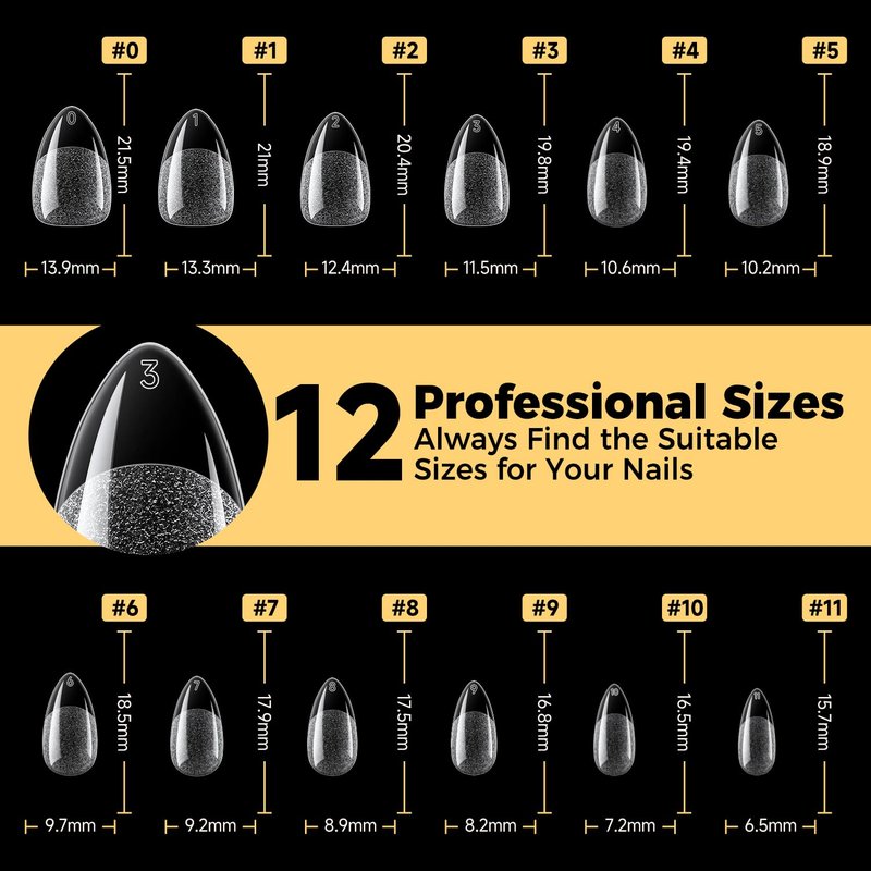 Short Almond Gel Nail Tips - 600 Pcs Pre-Filed Half Matte Press-On Nails | 12 Sizes Full Cover Clear Fake Nails for DIY & Salon Use