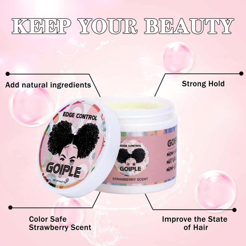 Goiple Edge Control Wax for Women Strong Hold Non-greasy, Edge Wax Styling Gel for Black Women Hair No Flaking, White Residue, Shine and Smooth Strawberry Scent 4oz