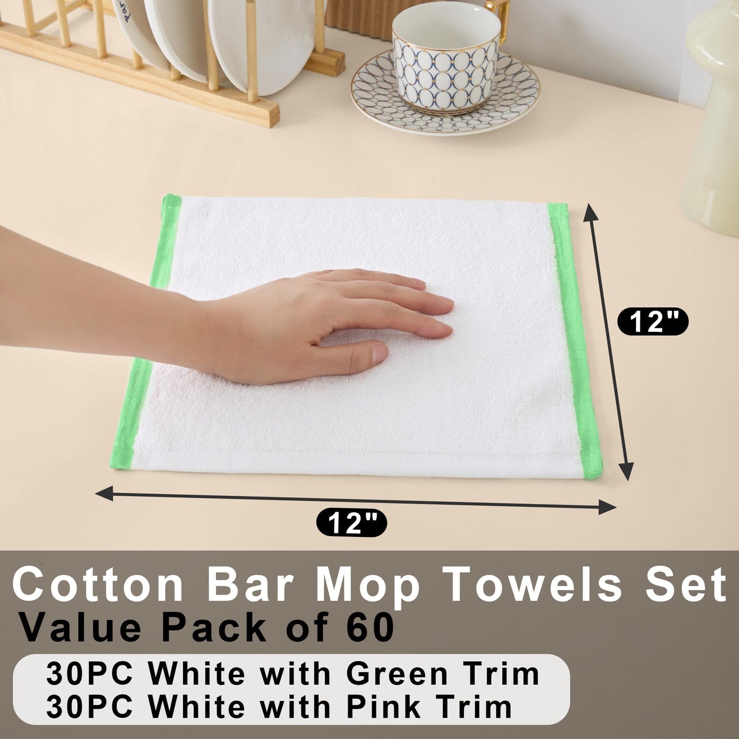 White Bar Rags, 60 Pack Reusable Cleaning Rags (12"x12") - 100% Cotton | Thick 500GSM | Odor-Free | Soft | Absorb, Washable Dish Cloths for Washing Dishes, Bar Mop Towels, Green + Pink Trim