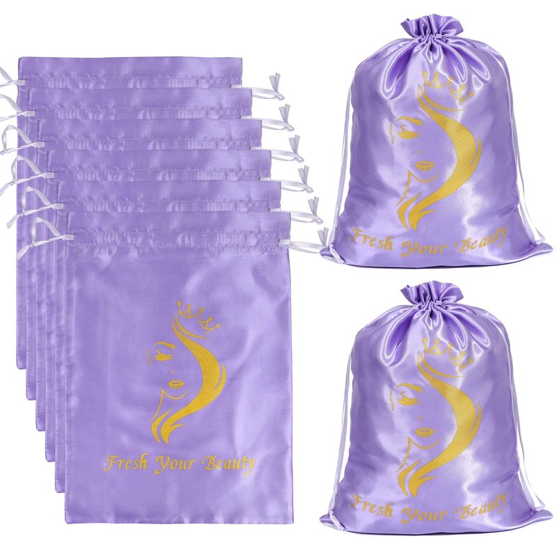 Satin Bags with Drawstring - Soft Pouches for Multiple Pieces, Bundles & Hair Extension Supplies - Home and Salon Use (6PCS Purple)