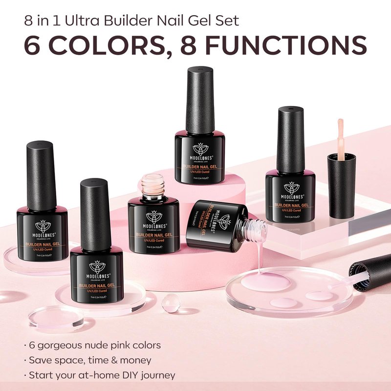 modelones Gel Polish Builder Nail Set, Base Colors Nude Hard Strengthener Rubber Gel Polish 8-in-One Extension LED Nail Lamp Cured 6 Colors