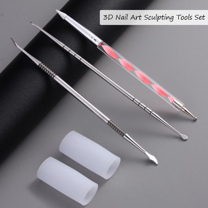 3D Nail Art Sculpting Tools Set - Dual-Head Carving Pens with Silicone Finger Sleeves | DIY Manicure Supplies