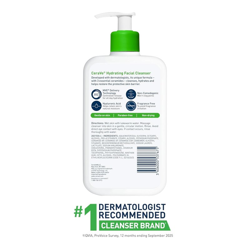 CeraVe Hydrating Facial Cleanser - Moisturizing Face Wash with Hyaluronic Acid & Ceramides for Dry Skin | Eczema Certified