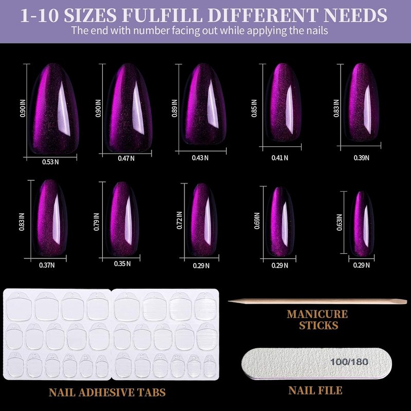 Almond Press On Nails - Cat Eye Glossy French Tip Set | 6 Iridescent Colors for Salon Quality Manicure