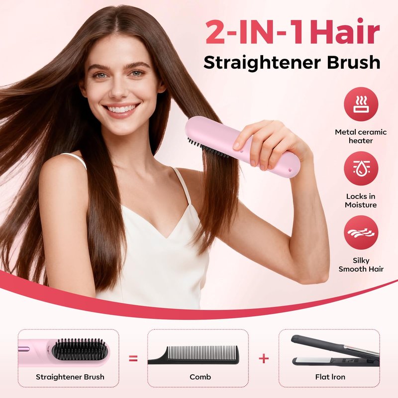 Go Brush Pro for Short Hair Hair Straightener Brush Cordless & Portable with 300M Negative Ions, 4 Temps Fast Heating, Game Day Ready Styling Tool for Watch Parties, Travel & Daily Use Nude Pink