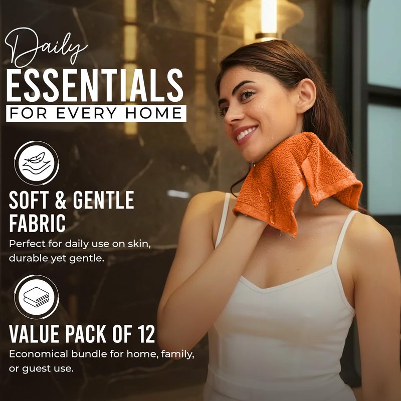 RIVERSIDE 12-Pack Premium 100% Cotton Orange Face Towels for Bathroom [12x12] - Reusable Luxury Face Wash Cloths for Showering - 550 GSM Super Soft & Absorbent Washcloths for Body, Spa & Gym