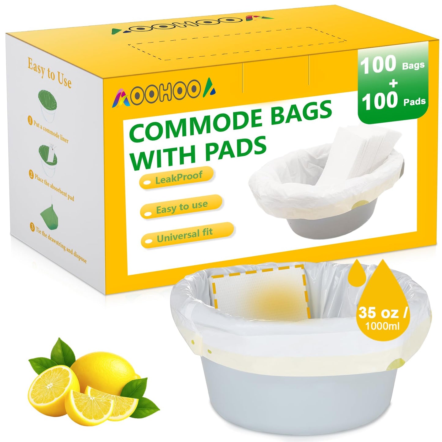 AOOHOOA Bedside Commode Liners with Pads | 100 Commode Bags+100 Absorbent Pads | Leak-Guard | Rapid Absorption | Lemon Scented | Bedpan | Bedside Commode | Camping Toilet