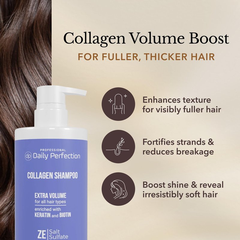 Daily Perfection Collagen Volumizing Shampoo - Extra Volume Daily Cleanser with Biotin and Keratin for All Hair Types - Salt, Sulfate and Paraben Free - 16.9 Fl Oz