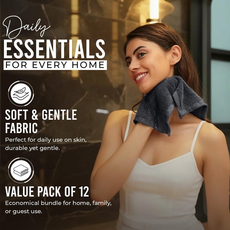RIVERSIDE 12-Pack Premium 100% Cotton Charcoal Gray Face Towels for Bathroom [12x12] - Reusable Luxury Face Wash Cloths for Showering - 550 GSM Super Soft & Absorbent Washcloths for Body, Spa & Gym