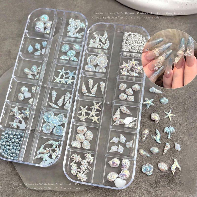2 Boxs Summer Beach Nail Charms 3D Ocean Nail Gems Aurora Blue White Mermaid Starfish Conch Fishtail Tree Shell Charms for Acrylic Nail Art Resin Nail Rhinestones for Women DIY Manicure Accessories