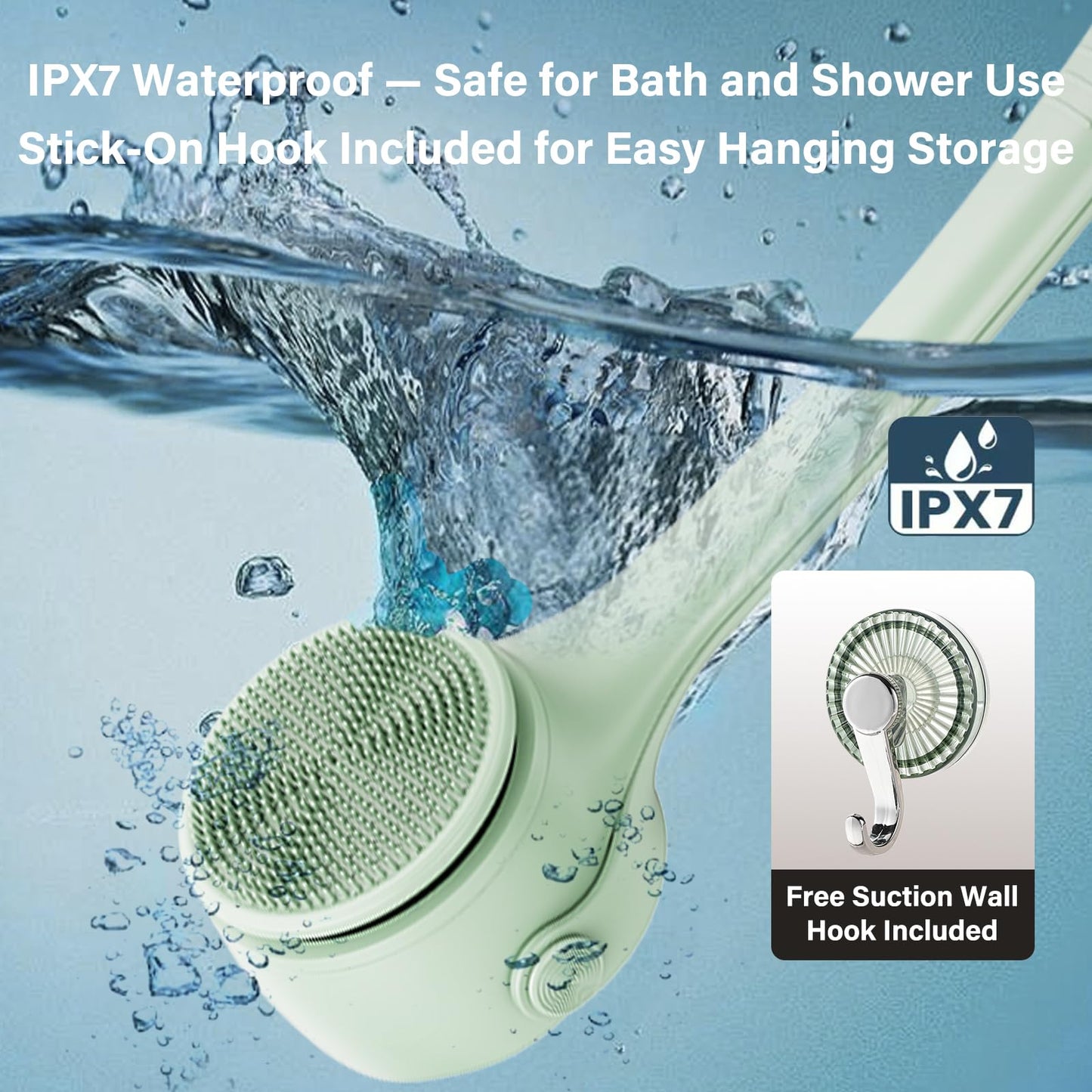 Xquyk Electric Body Brush Back Scrubber for Shower, 8 Replaceable Heads and Hook, Long Handle, 2-Speed, Type-C Rechargeable, Waterproof, for Cleansing, Exfoliating and Massaging Skin（Green）