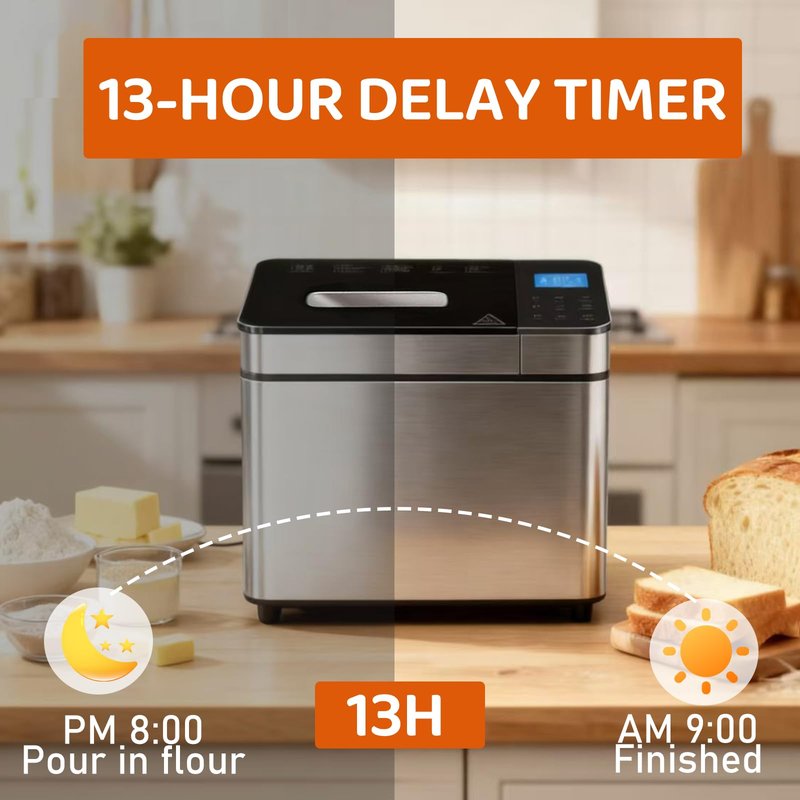 25-IN-1 Automatic Bread Machine | 2lb Size with Visible Lid, Auto Nut Dispenser, One-Touch Display, 13-Hour Delay Timer & Recipes – Easy to Use, High Success for Homemade Bread. Dark Gray