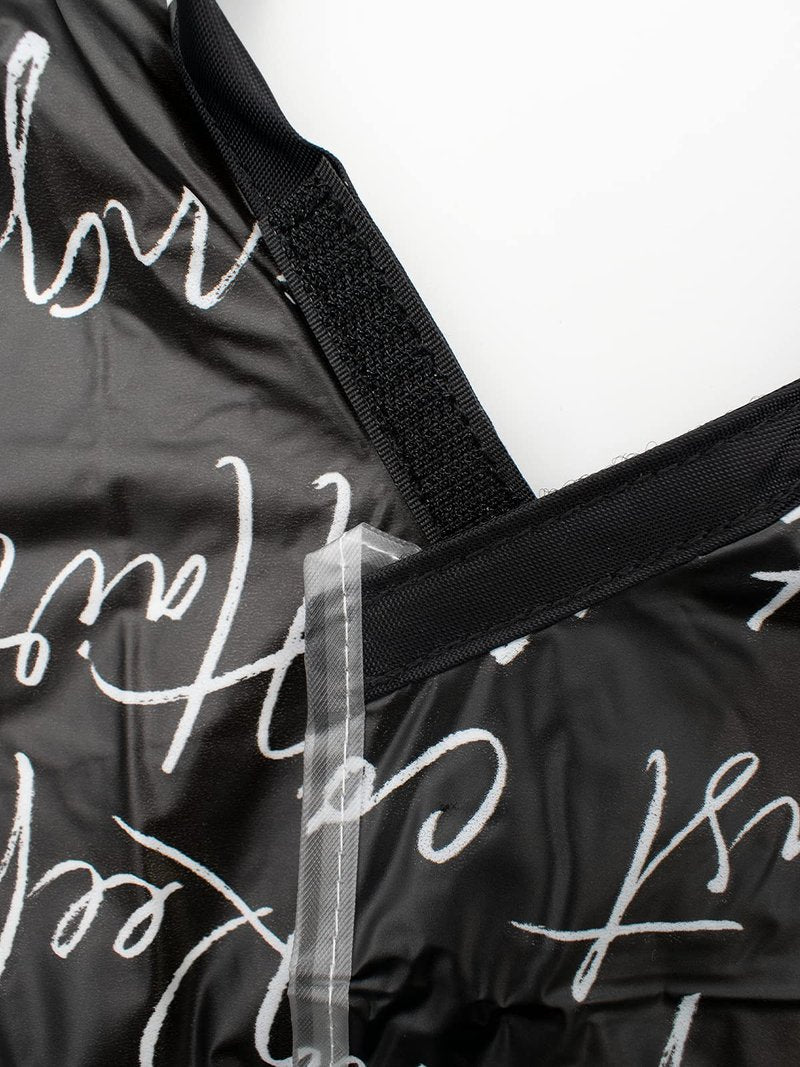 Betty Dain Hair Stylist Shampoo Cape, Waterproof & Stain Resistant Vinyl, Soft Nylon Neckband, Durable & Reusable Client Cover, Touch-and-close Fastener, 36 x 54 inches, Secret Messages - Black