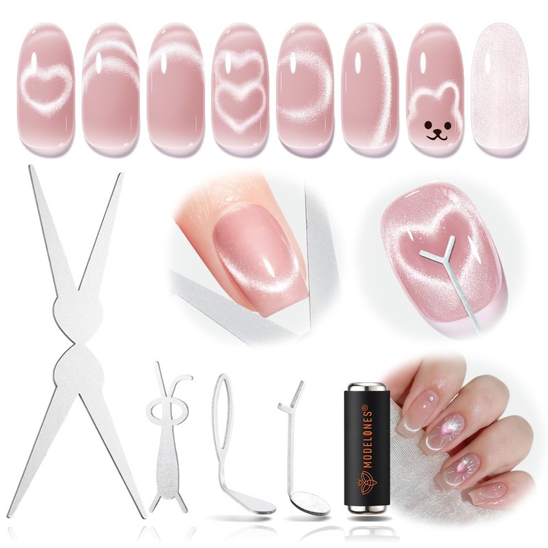 modelones Cat Eye Magnet Set for Nails, Heart Cat-Eye Scissor-Shaped Magnets Tool, 2 IN One Cylinder Cat Eye Magnet with Ball Magnets, French & Black Hole Nail Magnet Guides for Cat-Eye Nail Effect