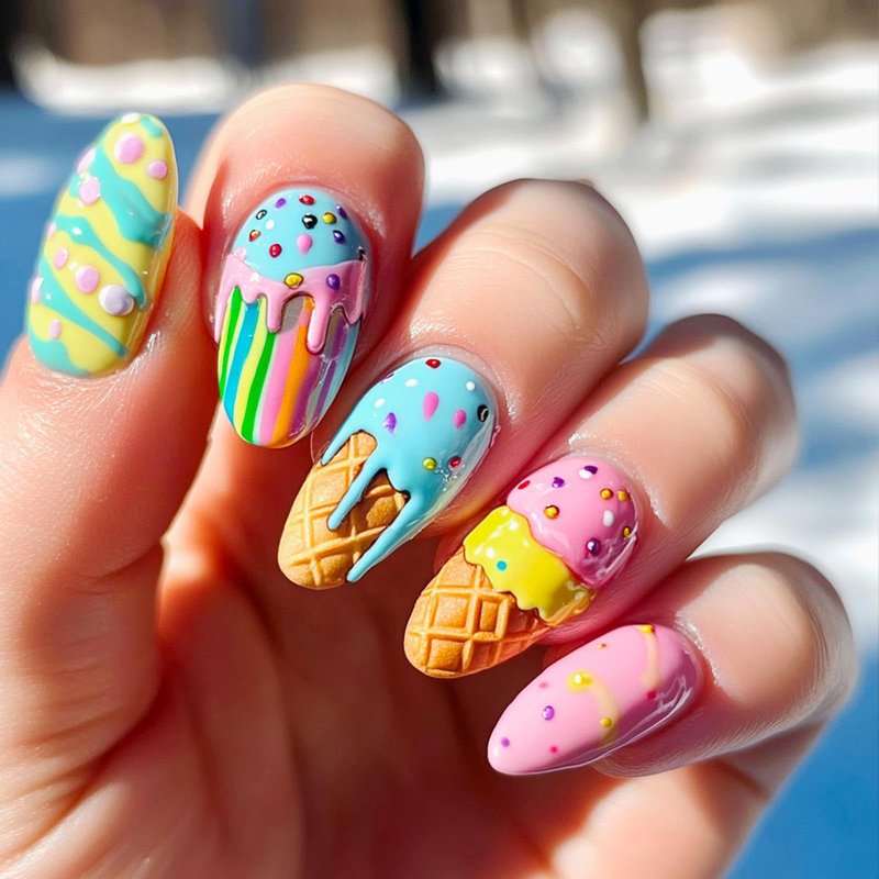 Ice Cream Cone Press on Nails Medium Almond Fake Nails with Design Macaroon Glue on Nails Glossy Summer Stick on Nails Reusable Full Cover Artificial False Nails for Women Girls Manicure 24Pcs