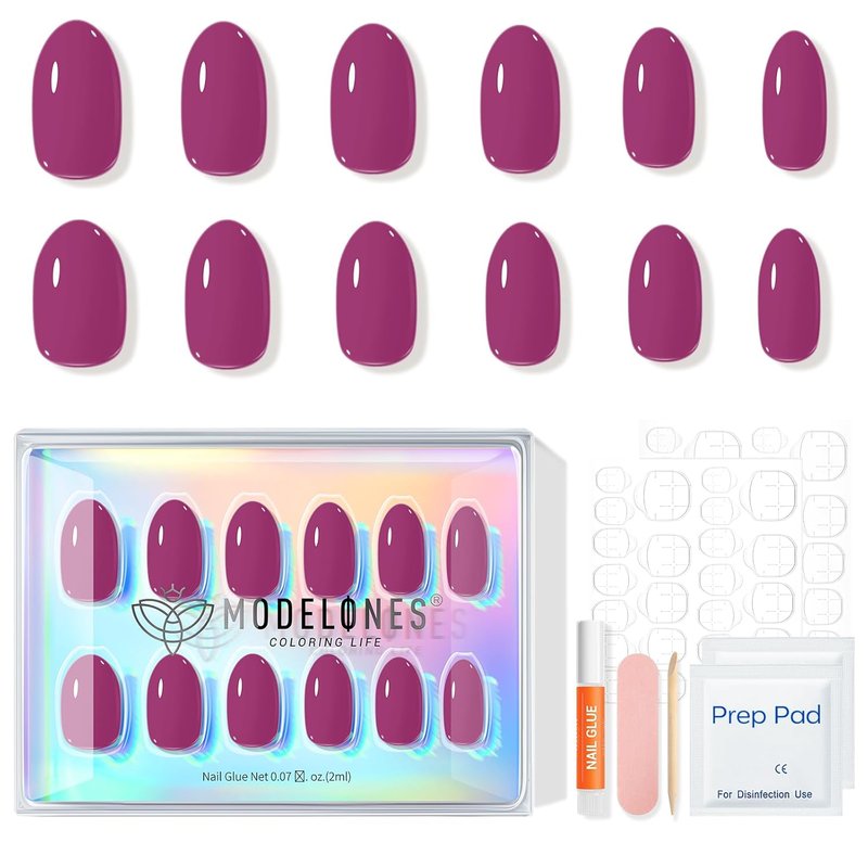 Plum Oval Press-On Nails Kit - 32 Pcs Fake Nails with Glue, File & Prep Pad | Perfect Spring Gift for Women