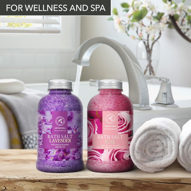 Bath Sea Salt Set 2х21.16Oz - Lavander & Rose - Lavender Essential Oil - Natural Rosewood Oil & Rose Extract - Aromatherapy - Relaxing - Body Care - Beauty