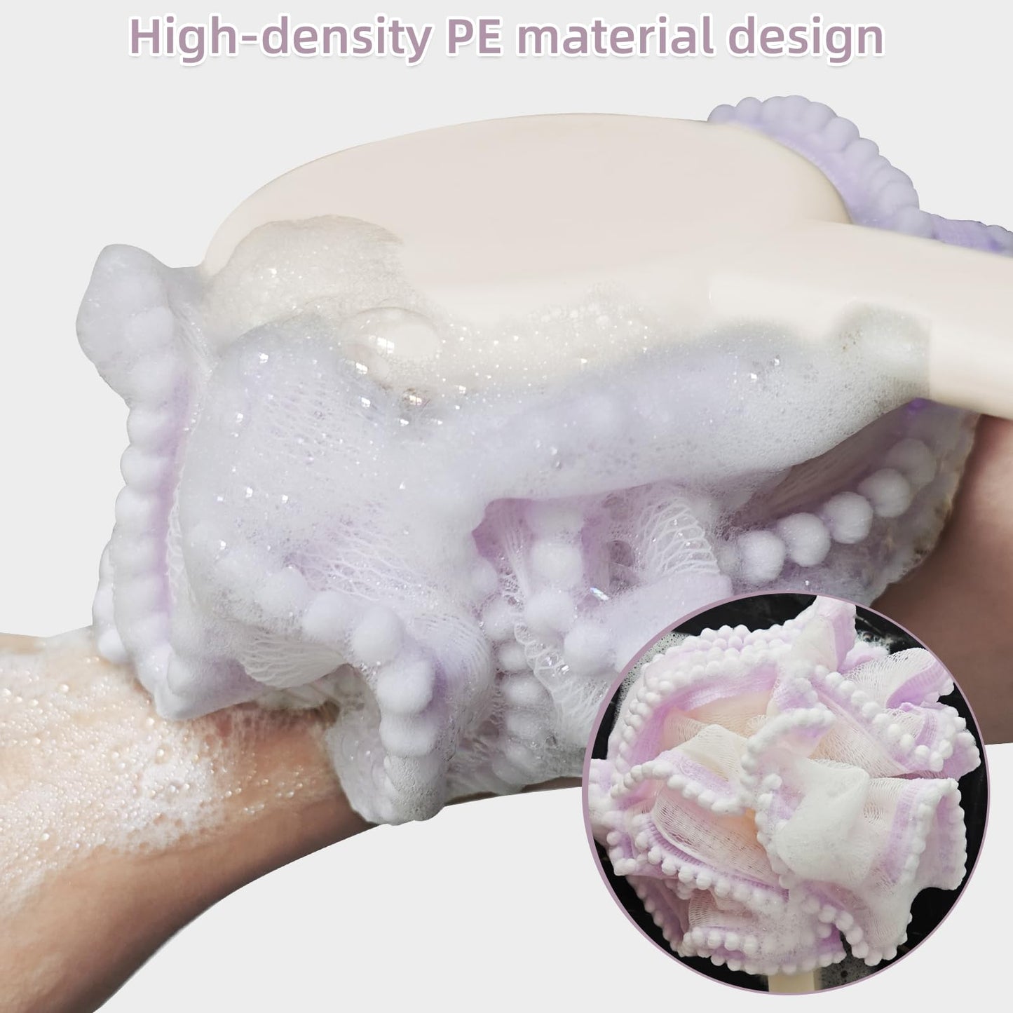 Topfinder Loofah Sponge with Handle,Back Scrubber Brush for Shower, Lotion Applicator for Back,3 in 1 Shower Kit (Purple loofah)