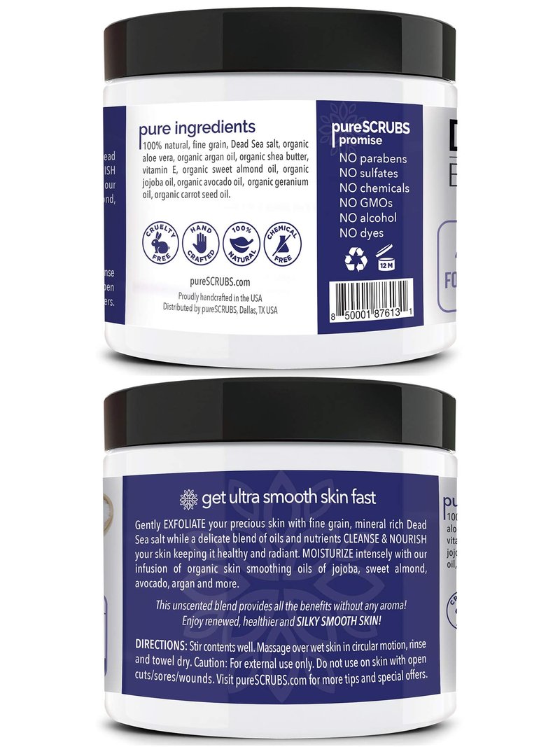 pureSCRUBS Premium Unscented Body Scrub Set - Large 16oz Dead Sea Salt Scrub, Sensitive Dry Skin Formula Includes Wooden Spoon, Loofah & Oatmeal Exfoliating Bar Soap - Spa Gift For Women