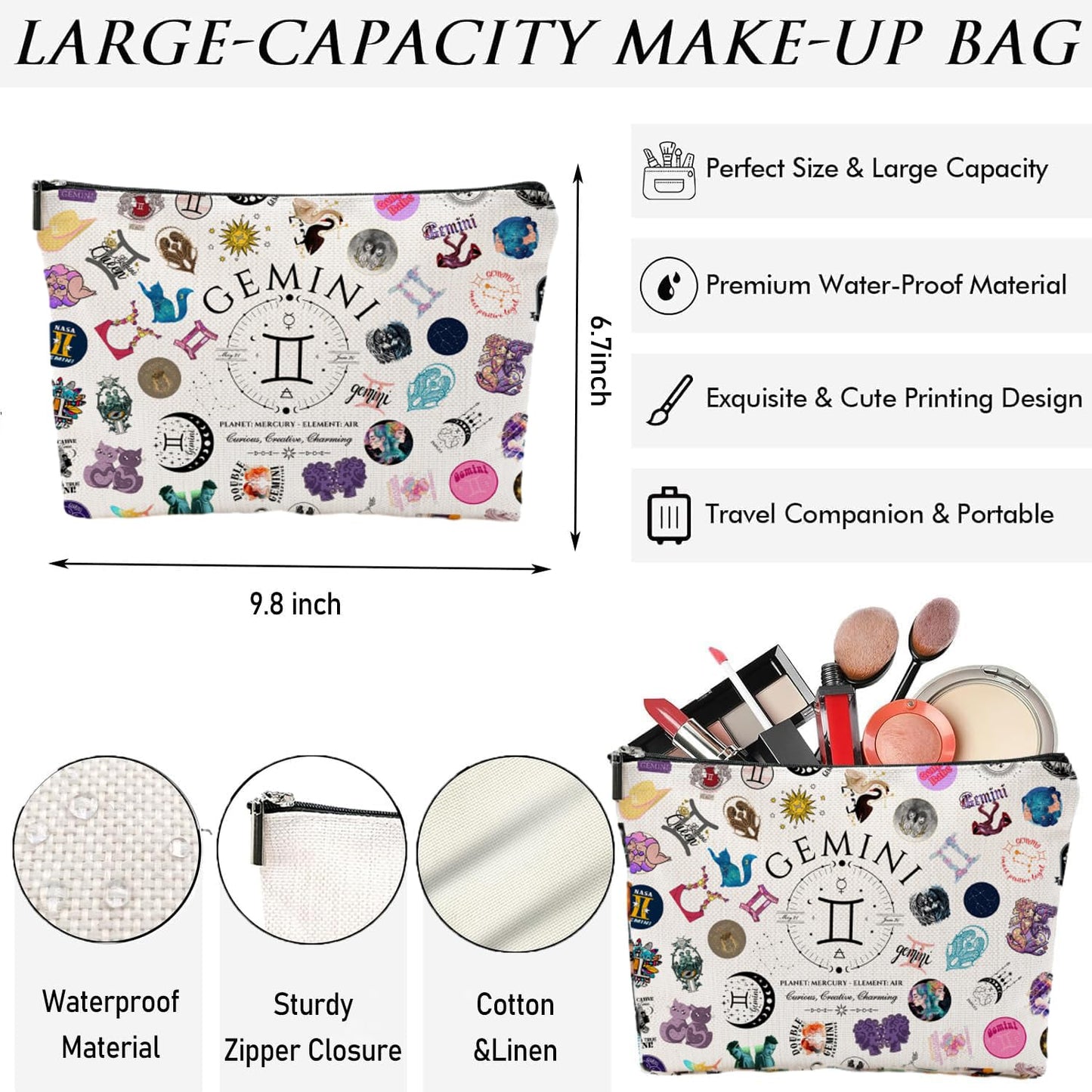 XYZONE Gemini Gifts for Women, Gemini Cosmetic Bag, June Birthday Gifts, Zodiac Themed Travel Makeup Bags