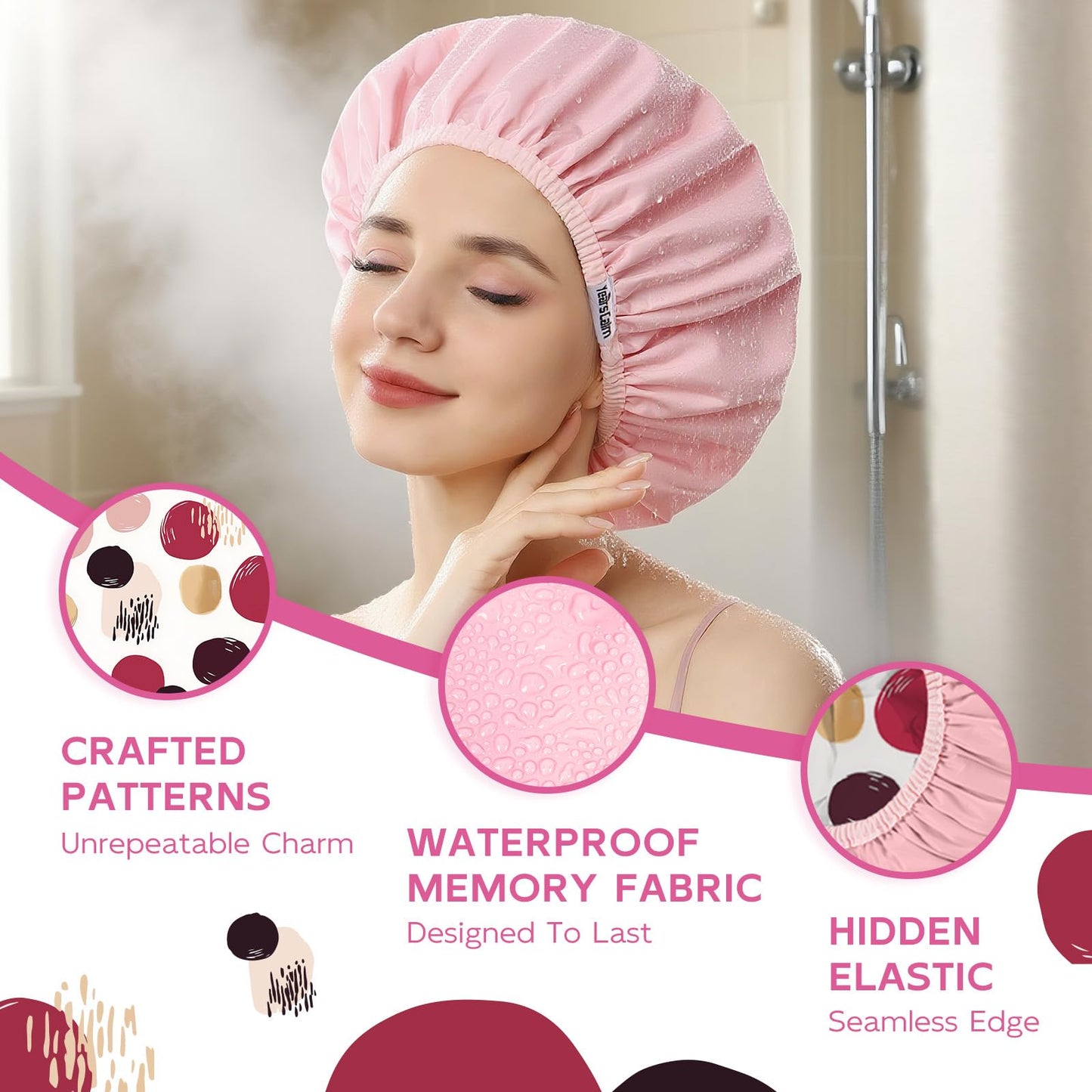 Years calm Waterproof Shower Cap for Women - Double-Layer Reusable Bath Cap with Elastic Band for Long/Short/Curly/Braids Hair, Washable & Travel-Friendly, Fit for Shower, Spa (Beige Shower Cap)