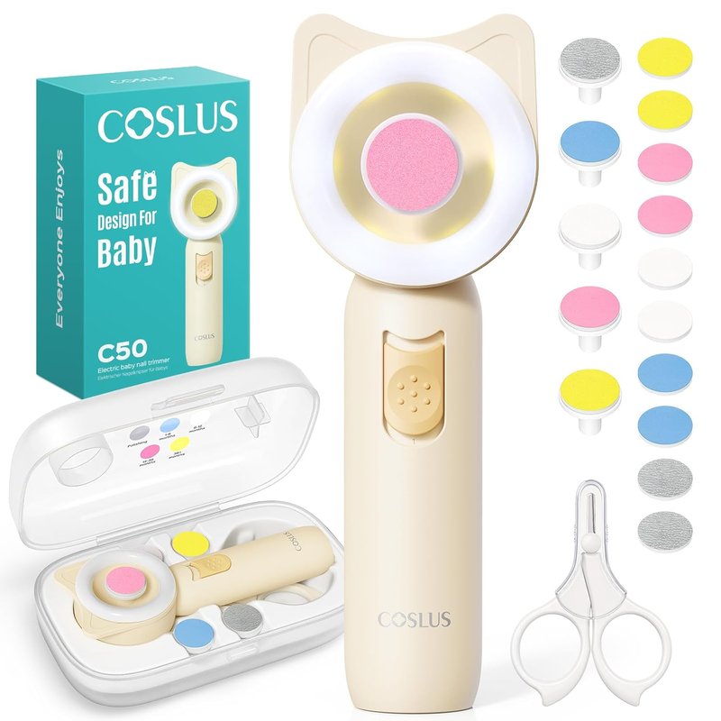 COSLUS Baby Nail File & Trimmer - Electric Nail Clipper with 360° Light | Safe & Gentle for Newborns, Infants & Toddlers - Lemon Yellow