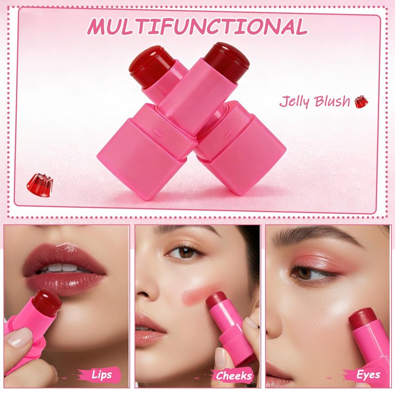 KALYFADIO 2PCS Jelly Blush Stick for Cheeks,Cooling Water Jelly Tint Stick,Moisturizing Lightweight Lip and Cheek Tint,Long-lasting,Cruelty-free,Sheer & Buildable Lip Stain + Blush（01+03）