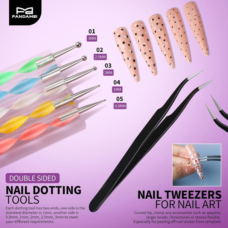 FANDAMEI Nail Art Tools Set - 15 PCS Acrylic Brushes, Dotting Tools & Nail Gems for Creative Designs