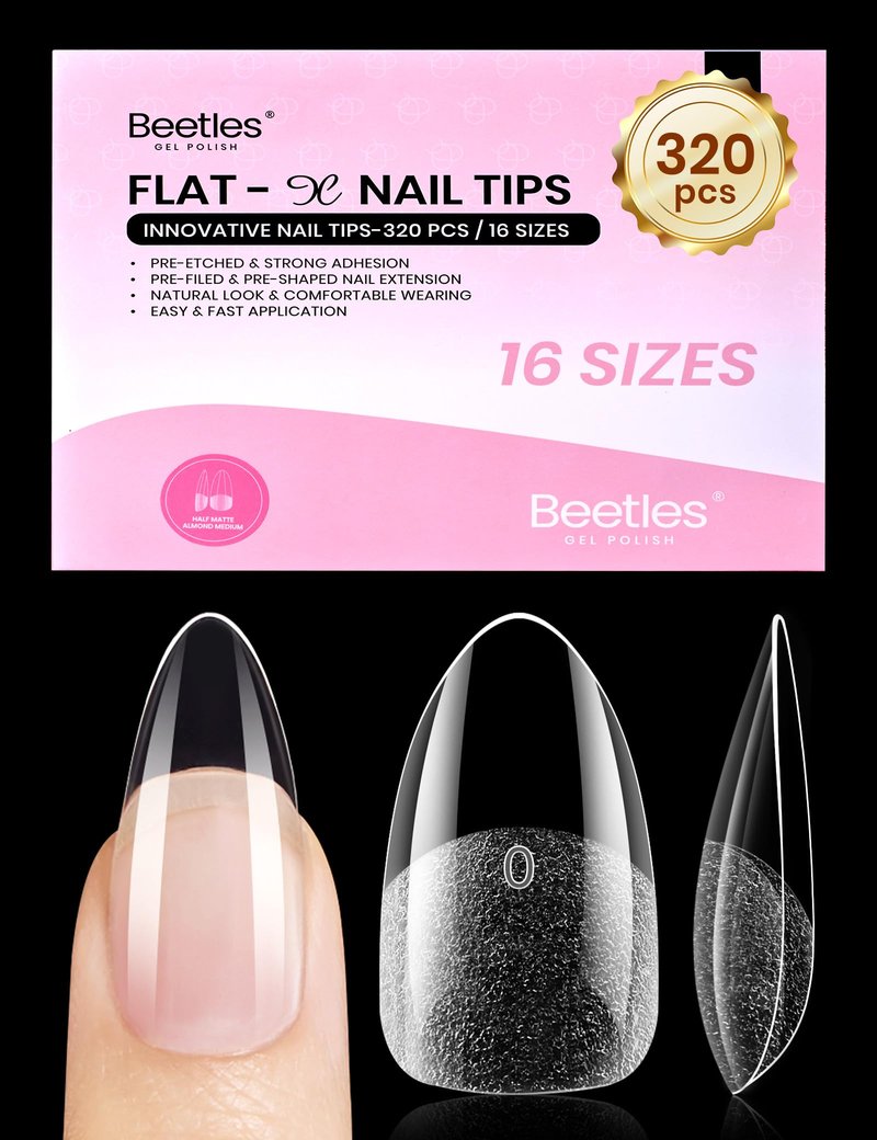 Beetles Medium Almond Nail Tips, 320pcs 16 Sizes(00-14), Pre-Etched Half-Matte Full Cover Soft Gel Nail Tips Flat-X, Clear Press On Fake Nails Acrylic, Easy DIY Nail Extension Salon Gift for Women