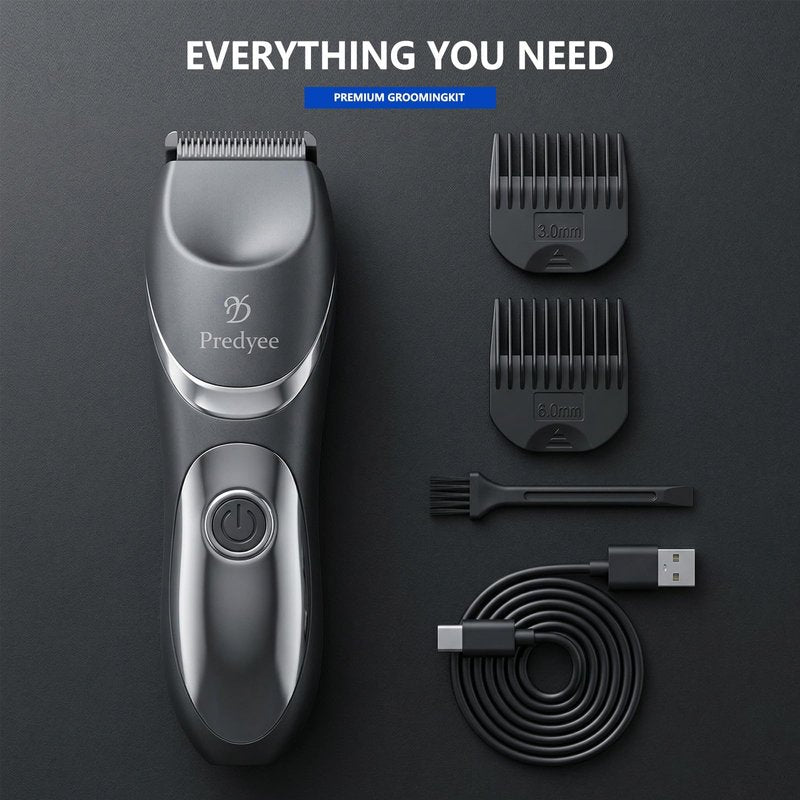 Predyee Men's Body and Groin Trimmer, Electric Manscaping Groomer with Skin-Friendly Ceramic Blade, LED Light, IPX7 Waterproof Wet/Dry Pubic Hair Shaver, USB-C Rechargeable Grooming Kit