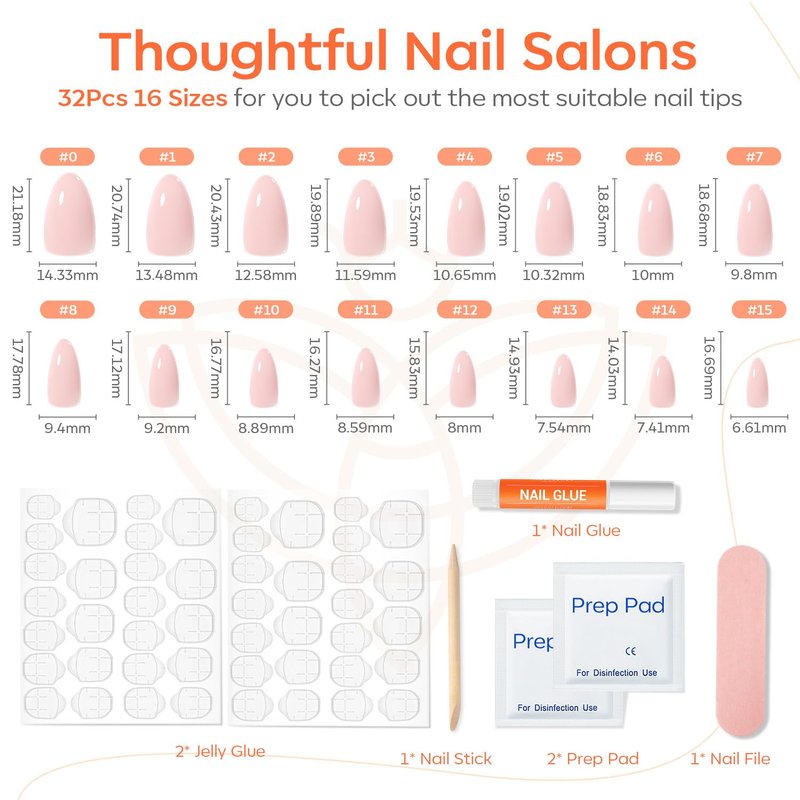 Modelones Pink Press on Nails Almond, Summer Pastel Baby Pink Short Fake Nails, Reusable Nail Kit with Nail Glue Adhesive Tabs Mini Nail File, Nails Press Ons 32Pcs 16 Sizes Women Gift