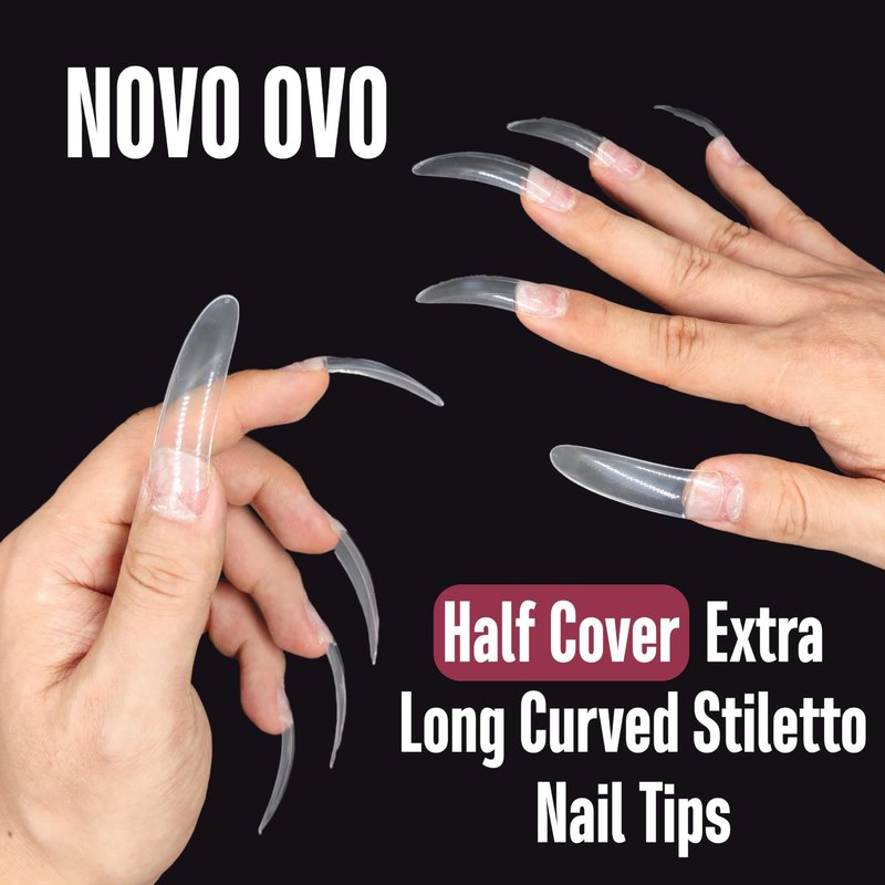 NOVO OVO French Tip Duck Nail Tips Press on, Pre-designed Soft Gel Nail Extension, Pre-applied Tip Primer & Base Coat, Full Cover Matte Vrial False Nails for DIY