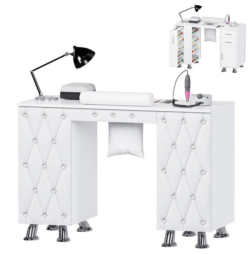 Kikihouse Manicure Table, Nail Desk w/Dust Collector & Wrist Rest, Nail Salon Station Acetone Resistant Workstation w/Drawers, Cabinet, White Leather Pad with Diamonds