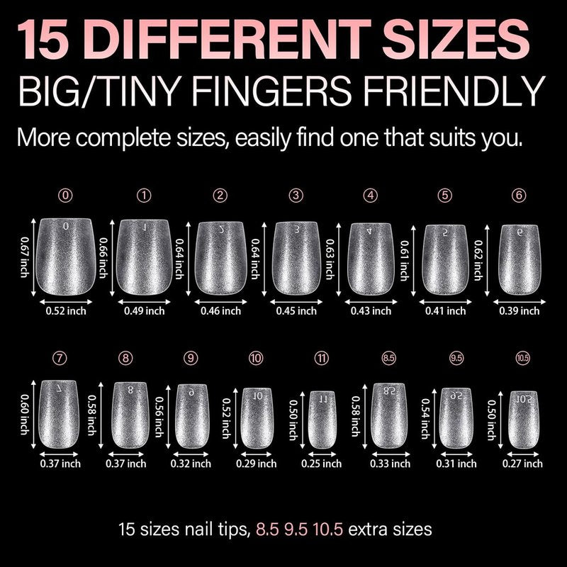 Coffin Nail Tips - 450PCS Full Cover Clear Acrylic Gel | Double-Sided Matte Press-On Nails in 15 Sizes