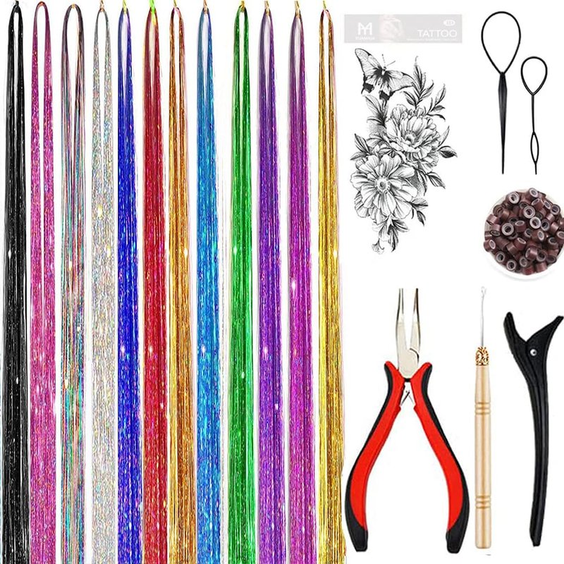 Skiennix Hair Tinsel Kit - 12 Vibrant Colors | 8000 Strands of Heat-Resistant Sparkling Extensions - 48 Inch