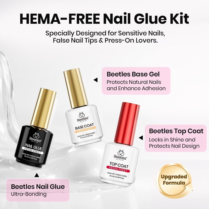 Beetles 3Pcs 15ml HEMA-Free Nail Glue Top Coat & Base Gel Set, TPO Free No Wipe Top Coat Base Nail Glue Gel for False Nails, Shine Effect Long Lasting Nail Extension DIY Salon Home, U V Light Required