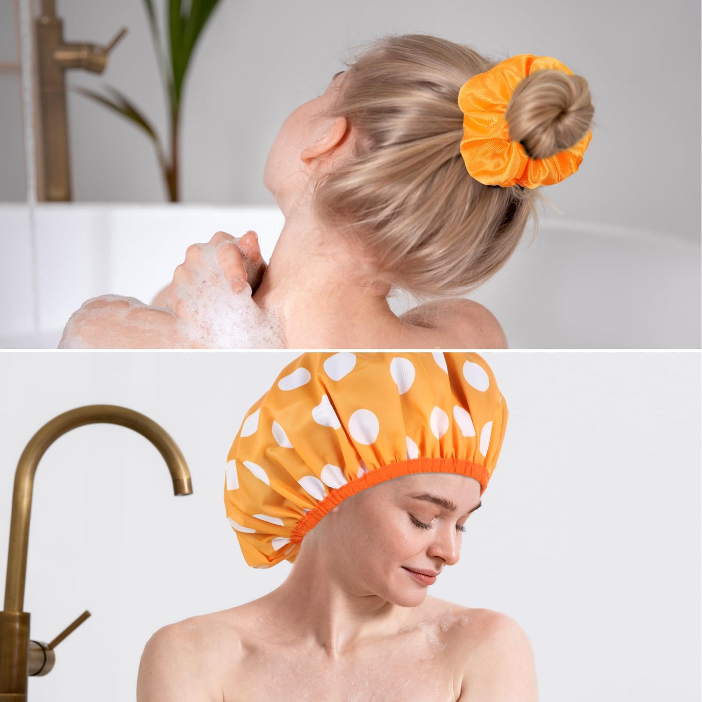 WSICSE 2 Packs Large Shower Caps for Women, Reusable Waterproof Shower Cap Bath Caps with Hair Scrunchies for Long Thick Hair (Purple/Orange)