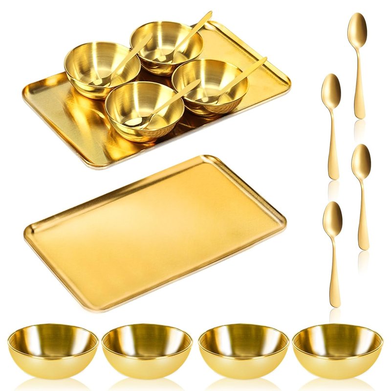 Gold Facial Supplies Set - 9 Pcs Skincare Tray with 4 Stainless Steel Mixing Bowls & Spoons | Spa Essentials for Estheticians