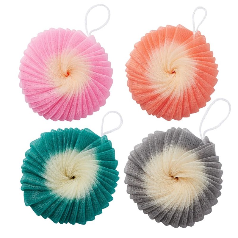 Éclat Mesh Bath Sponge Loofah Ball, Soft Exfoliating Body Scrubber for Wash, Rich-Lather Nylon Net Puff with Quick-Dry Hanging Loop, Gentle Daily Cleanser (Pink/Orange/Green/Grey, 4Pcs)