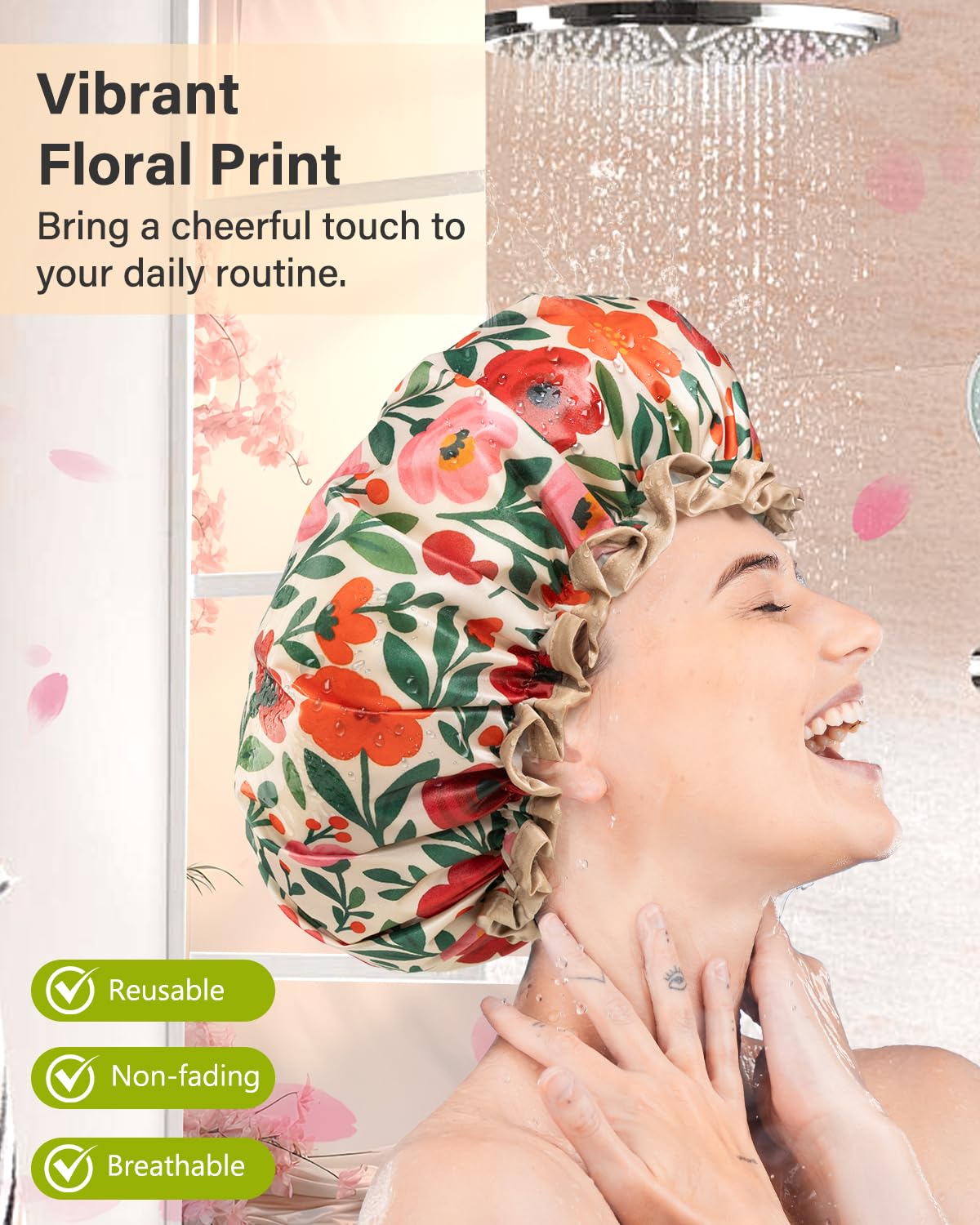 mikimini Large Shower Cap for Women Reusable Waterproof, Extra Large Hair Cap with Adjustable Elastic Band and Vibrant Floral Print, XL Bath Cap for Long Hair & Short Hair