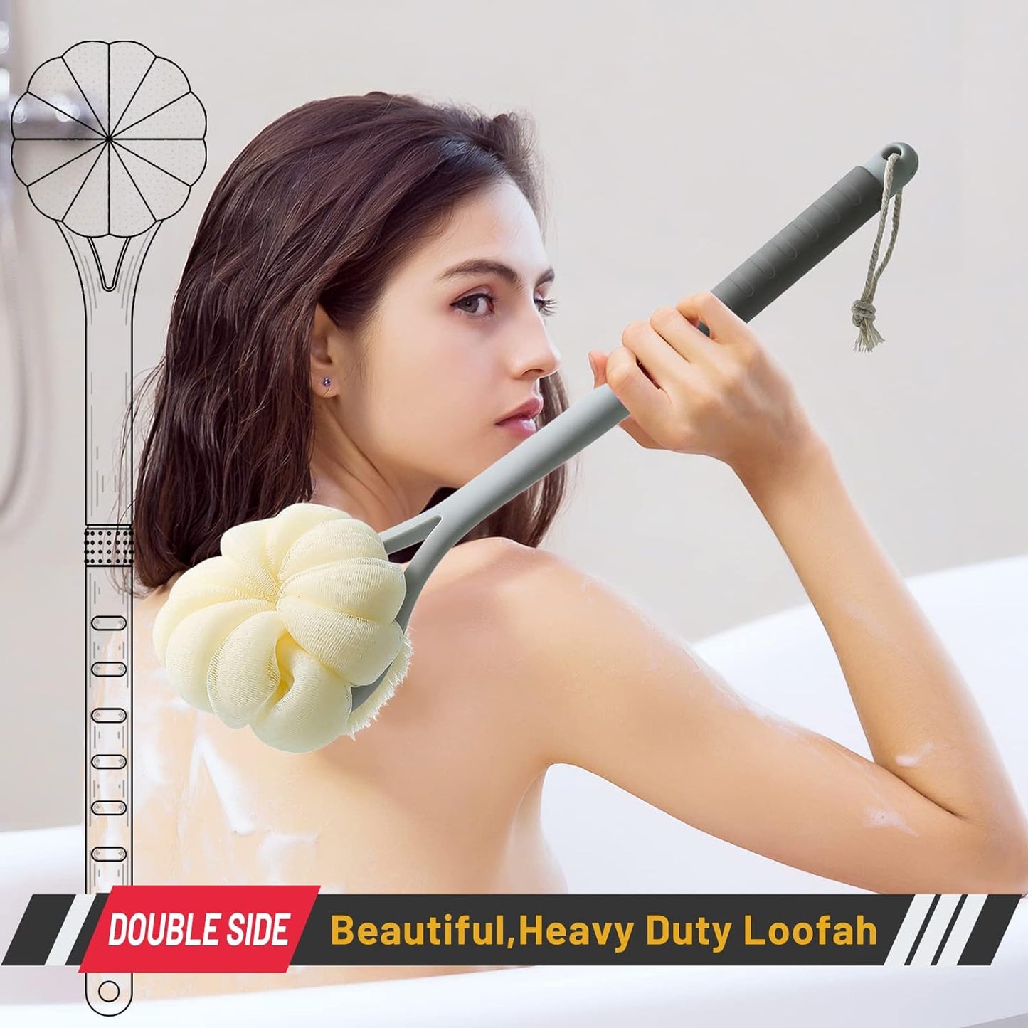 Skiennix Shower Body Brush - Soft Bristles & Pumpkin Loofah | 14” Long Handle Exfoliating Back Scrubber for Men & Women (Grey)