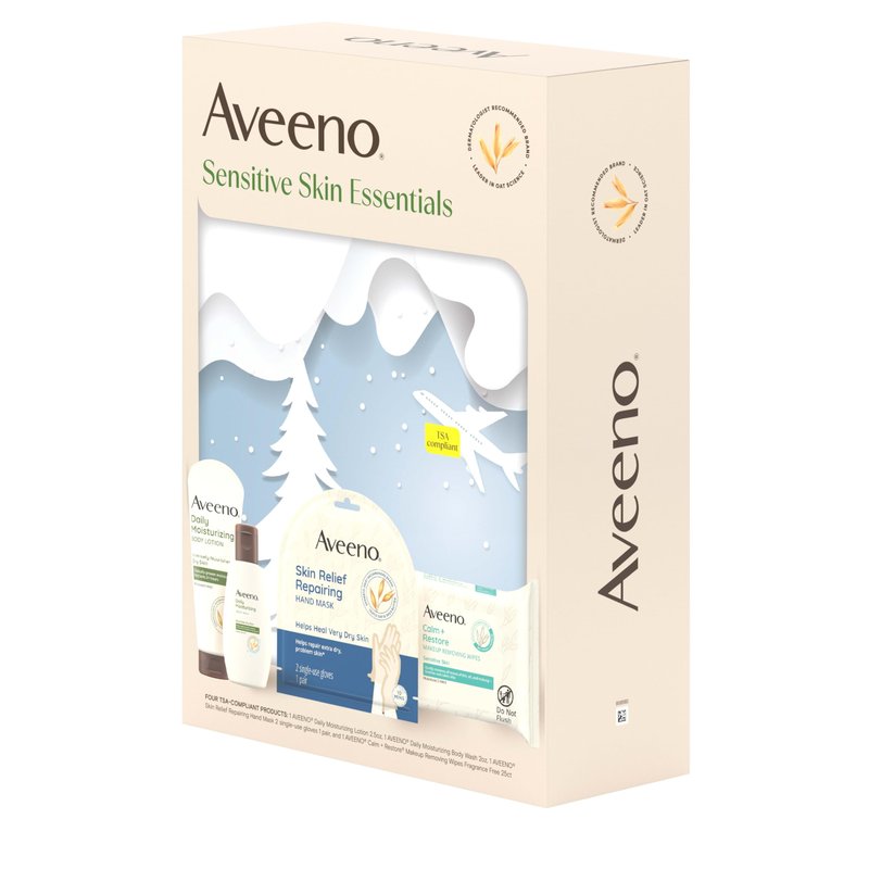 Aveeno Sensitive Skin Essentials Gift Set with Daily Moisturizing Lotion, Moisturizing Body Wash, Calm and Restore Makeup Removing Wipes and Skin Relief Repairing Hand Mask, 4 Items