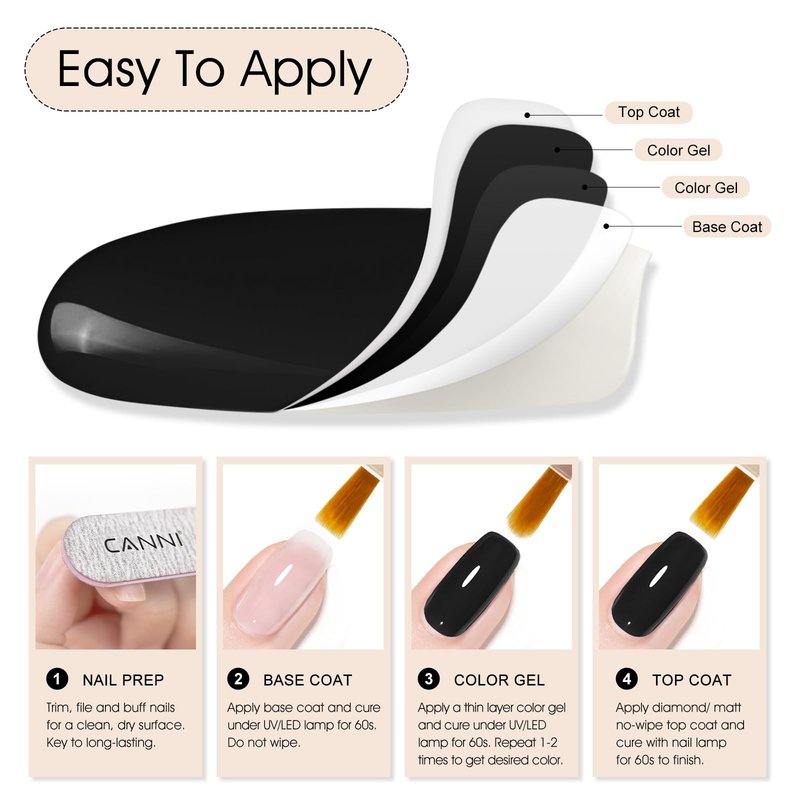 CANNI Black Gel Nail Polish, 1Pcs Pure Black Color High Gloss Soak Off UV Gel Polish Nail French Manicure Salon DIY