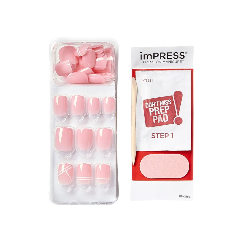 KISS imPRESS No Glue Mani Press On Nails, Design, 'Timeless Day', Pink, Petite Size, Squoval Shape, Includes 30 Nails, Prep Pad, Instructions Sheet, 1 Manicure Stick, 1 Mini File