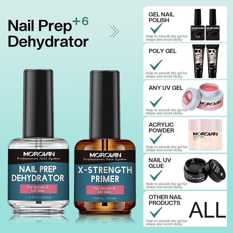 Morovan Nail Prep Dehydrate and Primer X-strength, No Burn Non Acid Nail Primer and Dehydrator for Acrylic Powder Fast Dry 0.5oz