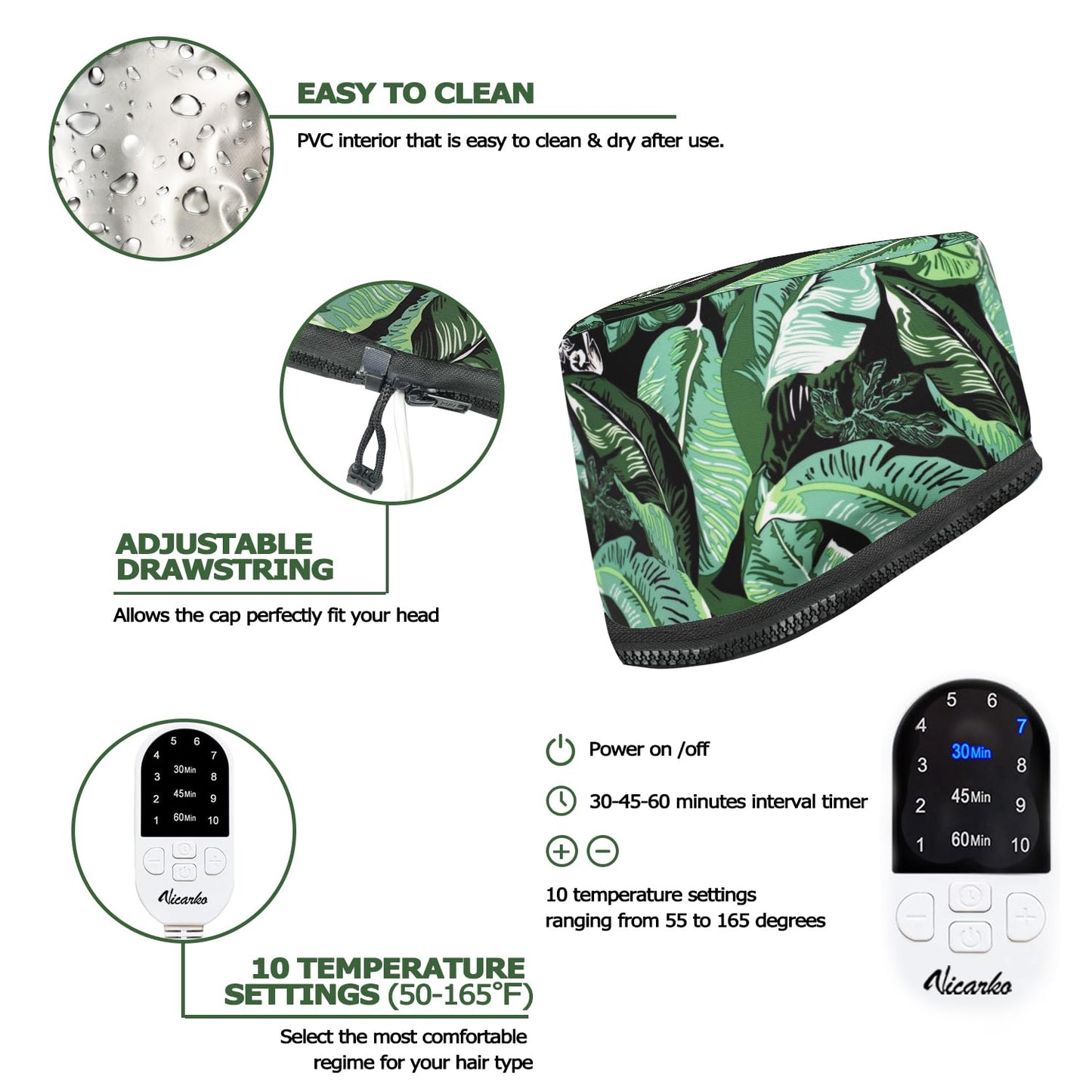 VICARKO Hair Steamer for Deep Conditioning, 10-Level Heats Up Quickly, 118” Power Cord, Heating Cap Hot Oil Treatment Heat, Electric Thermal Heated Steam for Natural Black Hair, Leaf Print