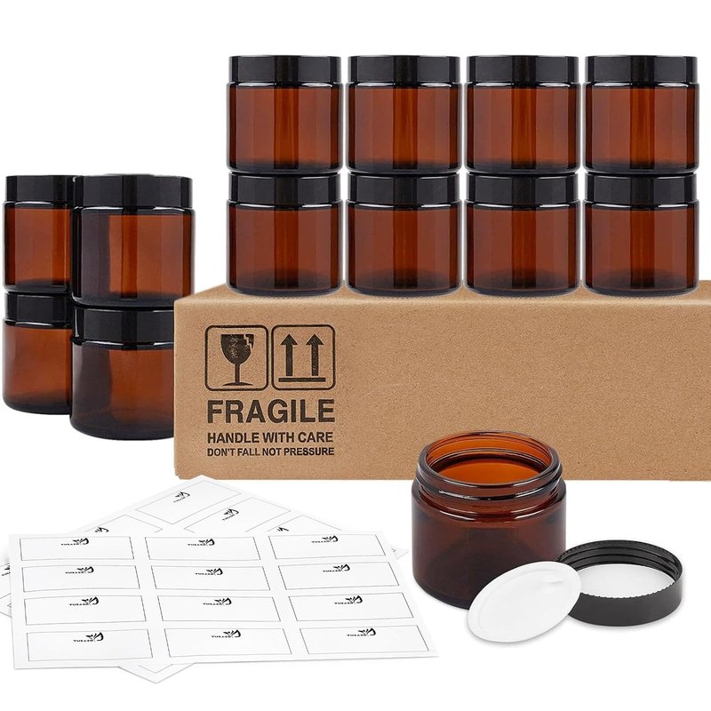 2 Oz Glass Jars with Lids, 12 Pack Thick Amber Glass Jar with Inner Lid and Black Lid, Leakproof Round Airtight Empty Cosmetic Containers for Lotion Cream and Candle Making